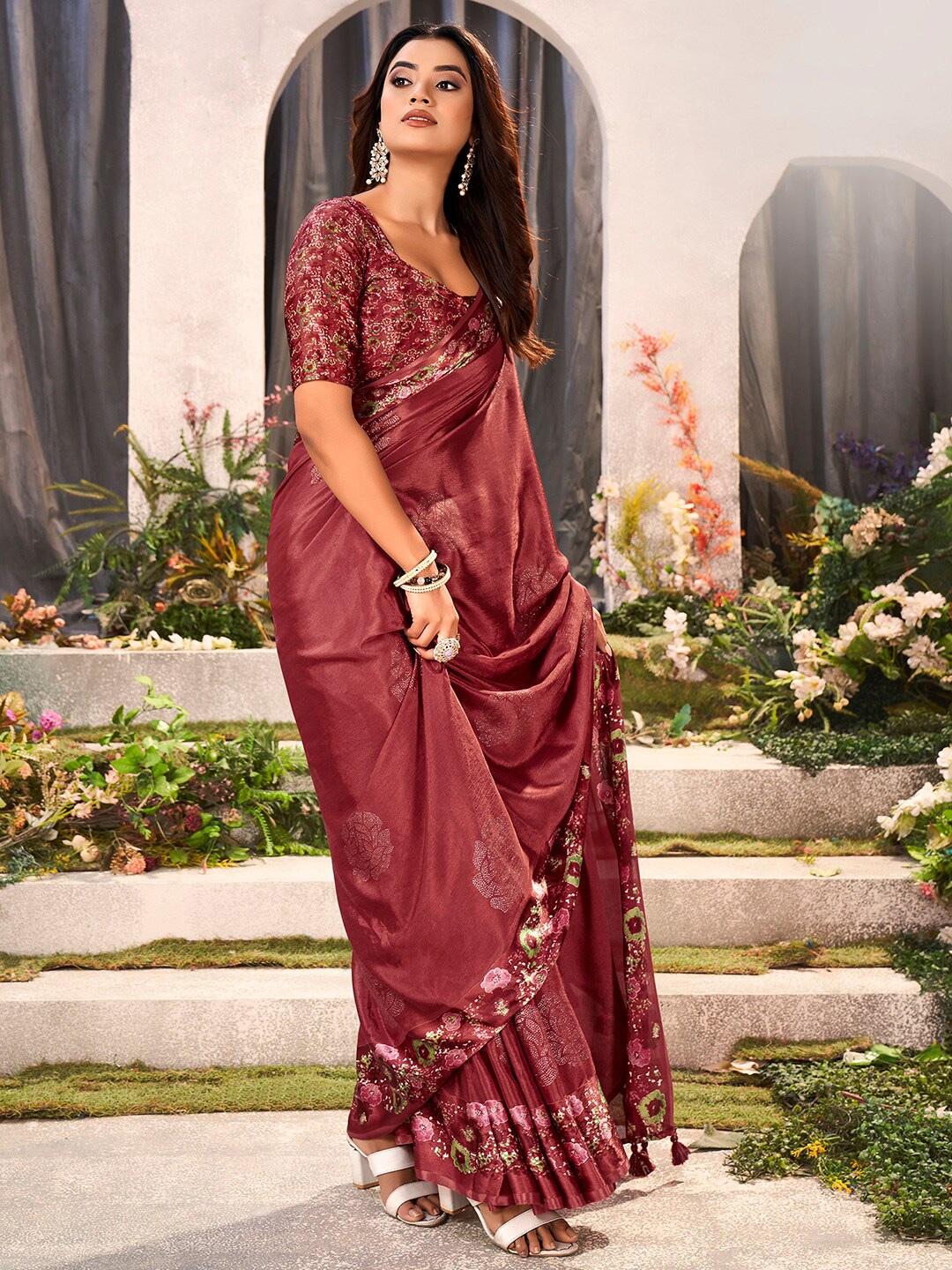 

Saree mall Beads & Stones Embellished Pure Chiffon Saree, Maroon