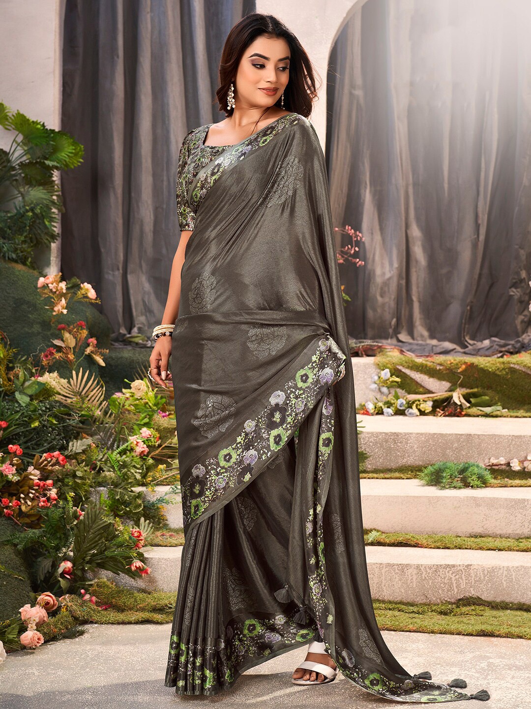 

Saree mall Beads & Stones Embellished Pure Chiffon Sarees, Black