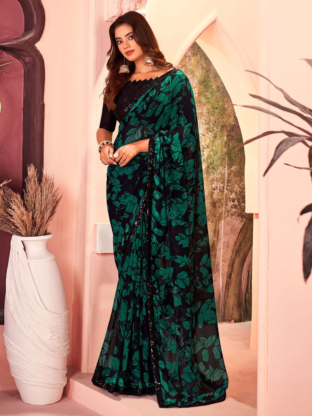 

Saree mall Floral Printed Sequinned Pure Georgette Sarees, Black
