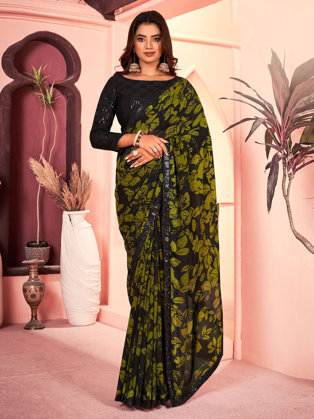 

Saree mall Floral Printed Sequinned Pure Georgette Sarees, Black