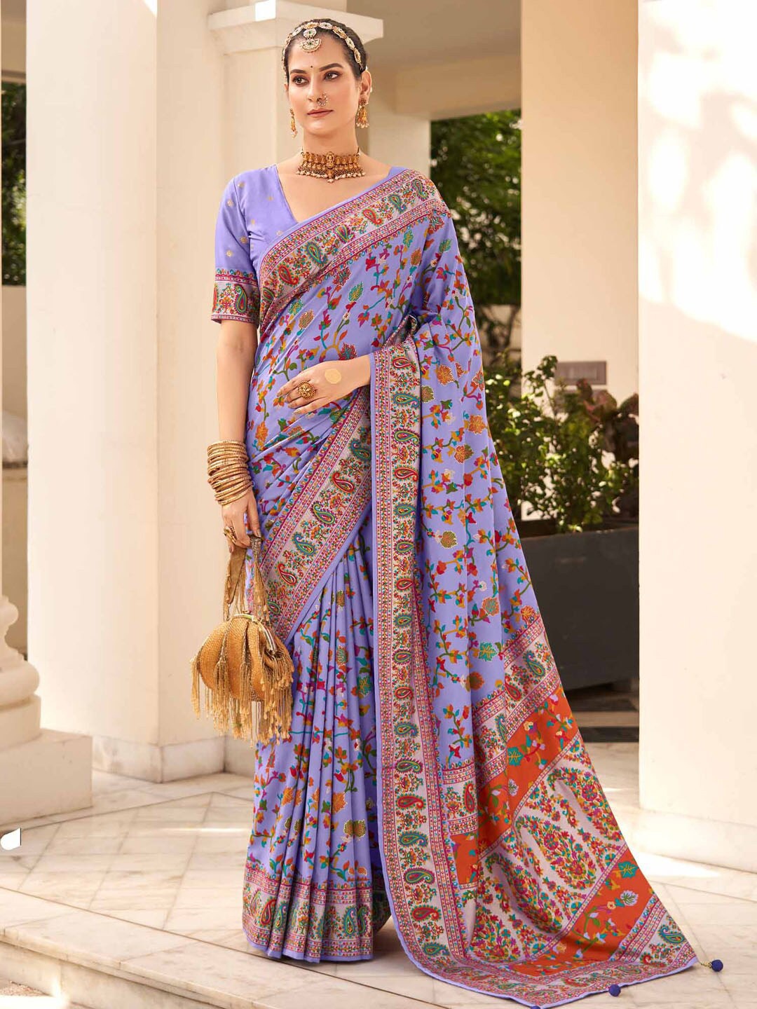 

Saree mall Floral Printed Zari Bagh Sarees, Lavender