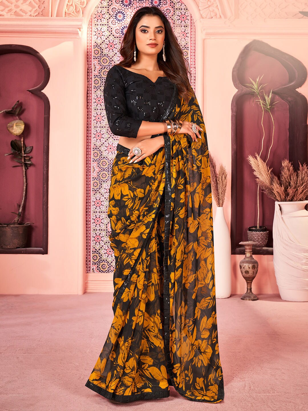 

Saree mall Floral Printed Sequinned Pure Georgette Sarees, Black