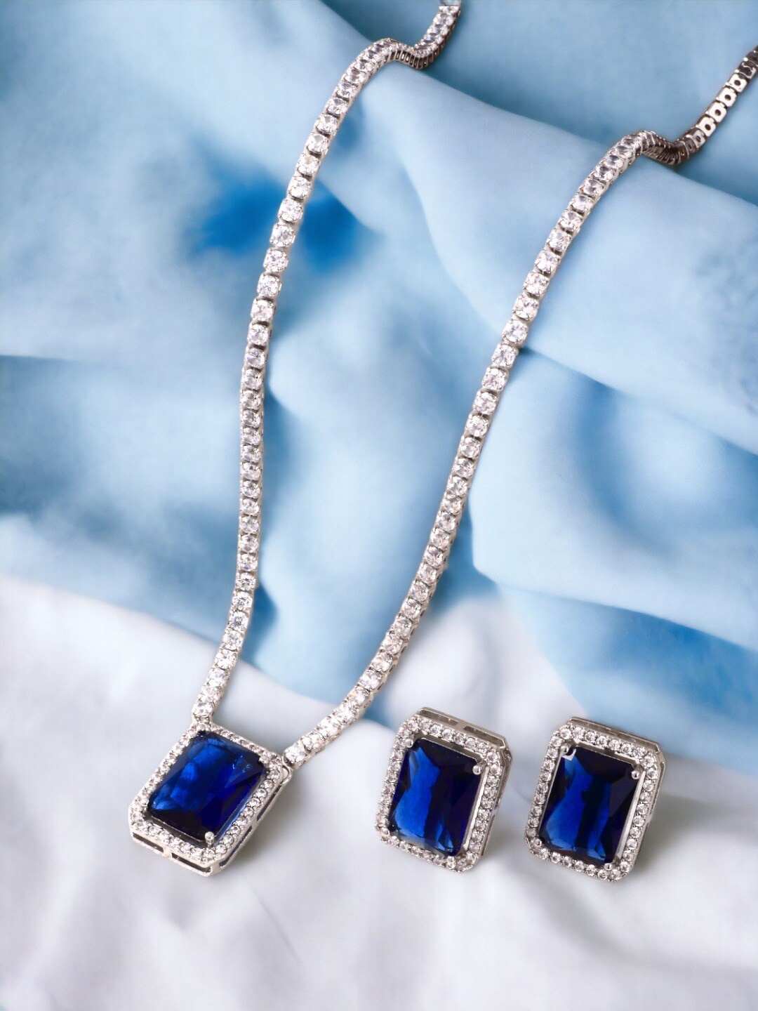 

Designs & You Silver-Plated American Diamond-Studded Pendant With Chain, Blue