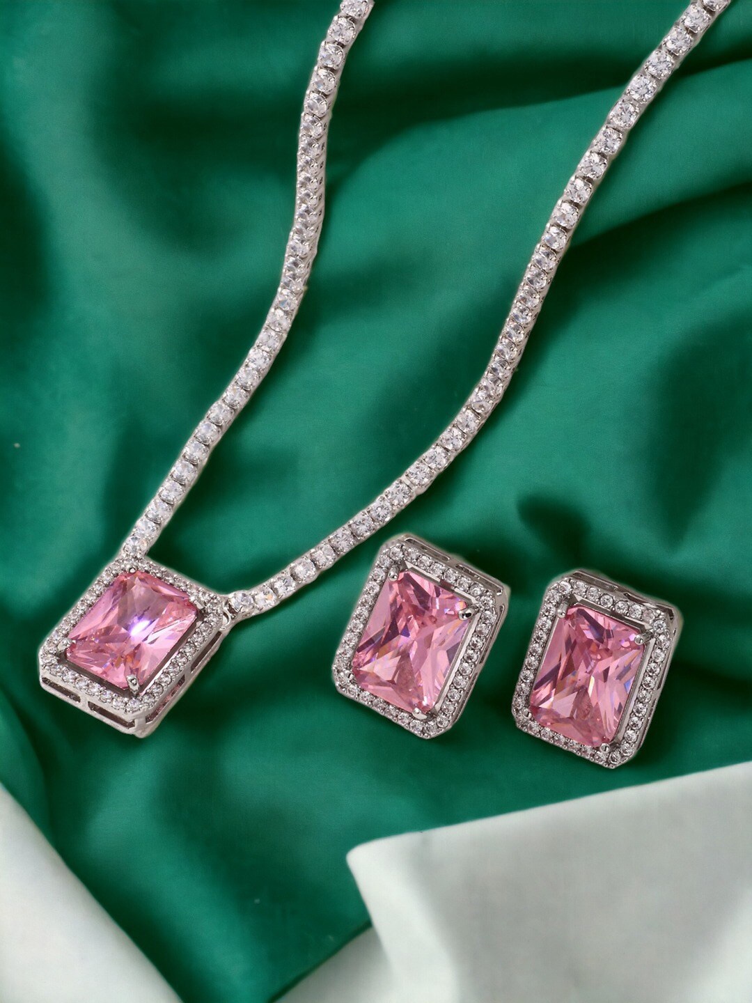 

Designs & You Silver-Plated American Diamond Studded Pendant Set, Pink