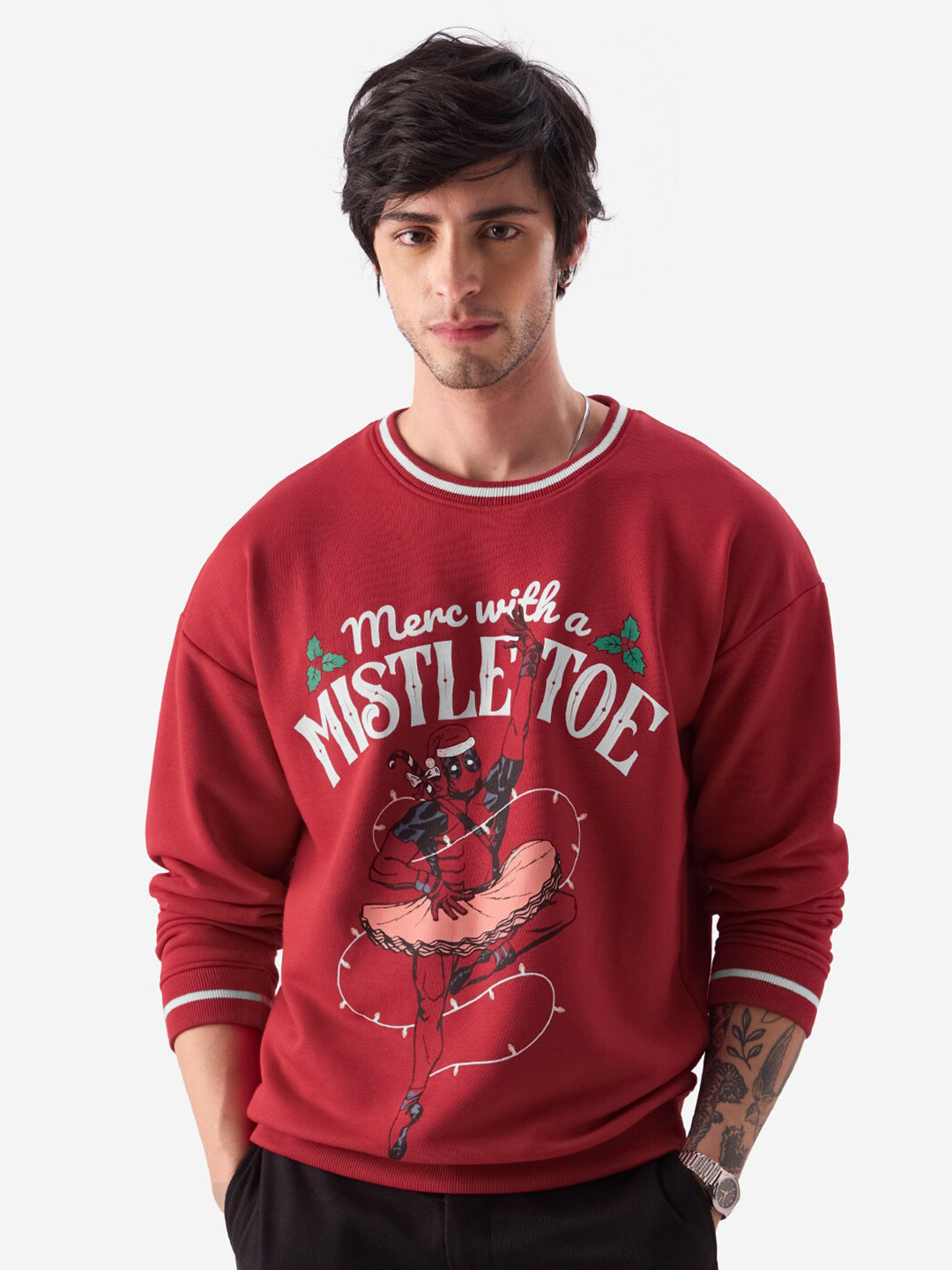 

The Souled Store Red Deadpool Mistletoe Merc Printed Oversized Sweatshirt