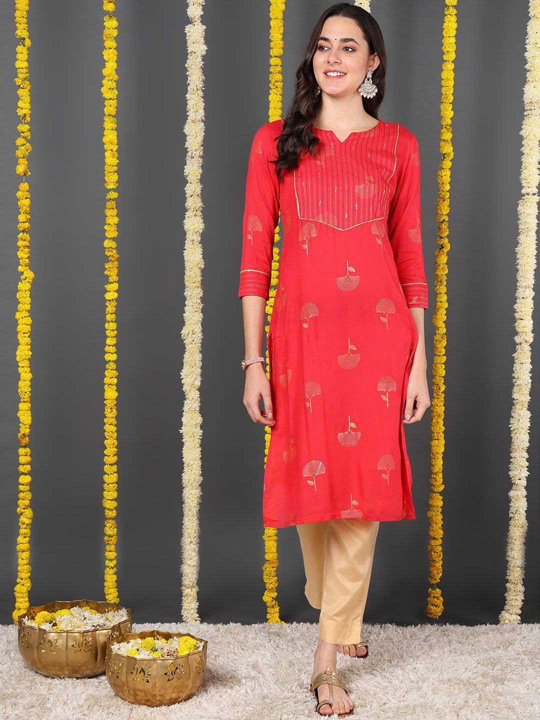 

AHIKA Floral Printed Three-Quarter Sleeves Gotta Patti Cotton Straight Kurta, Red