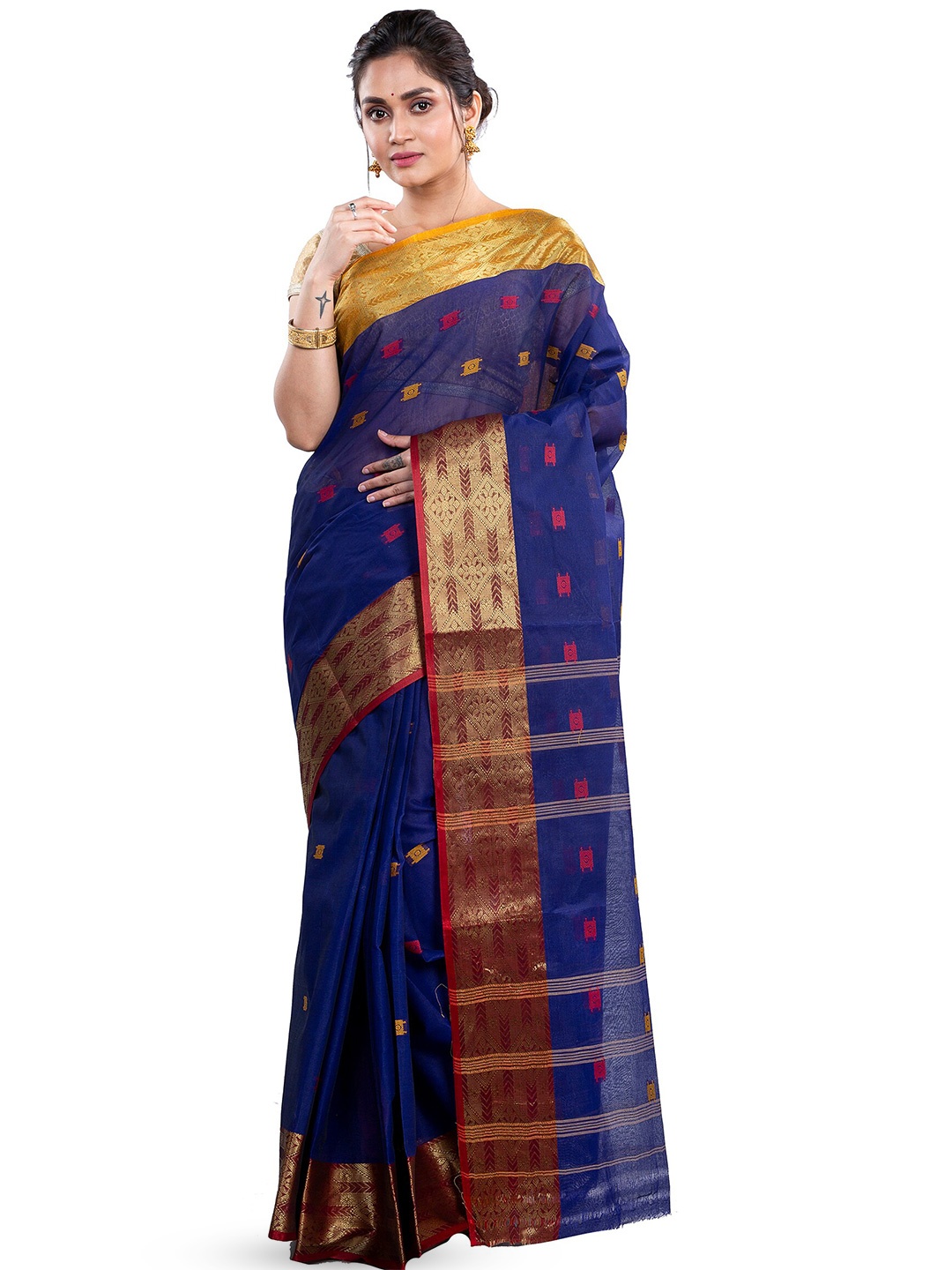 

DipDiya Ethnic Motifs Woven Design Zari Pure Cotton Taant Saree, Navy blue