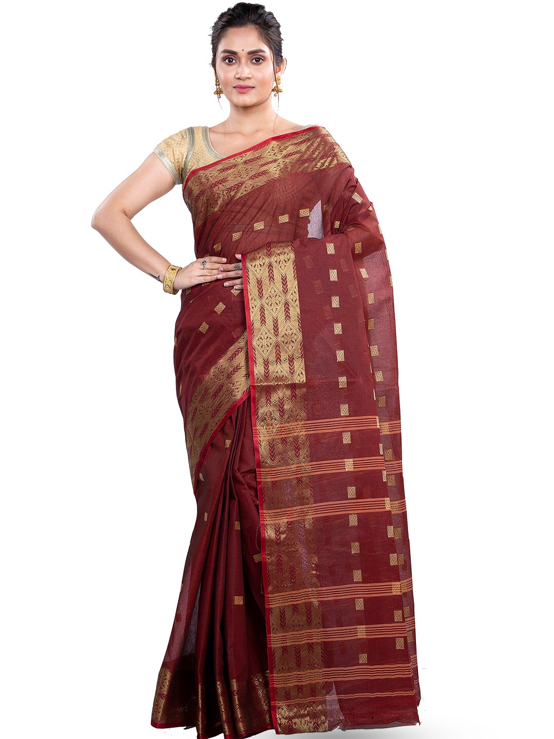 

DipDiya Ethnic Motifs Woven Design Zari Pure Cotton Taant Saree, Brown