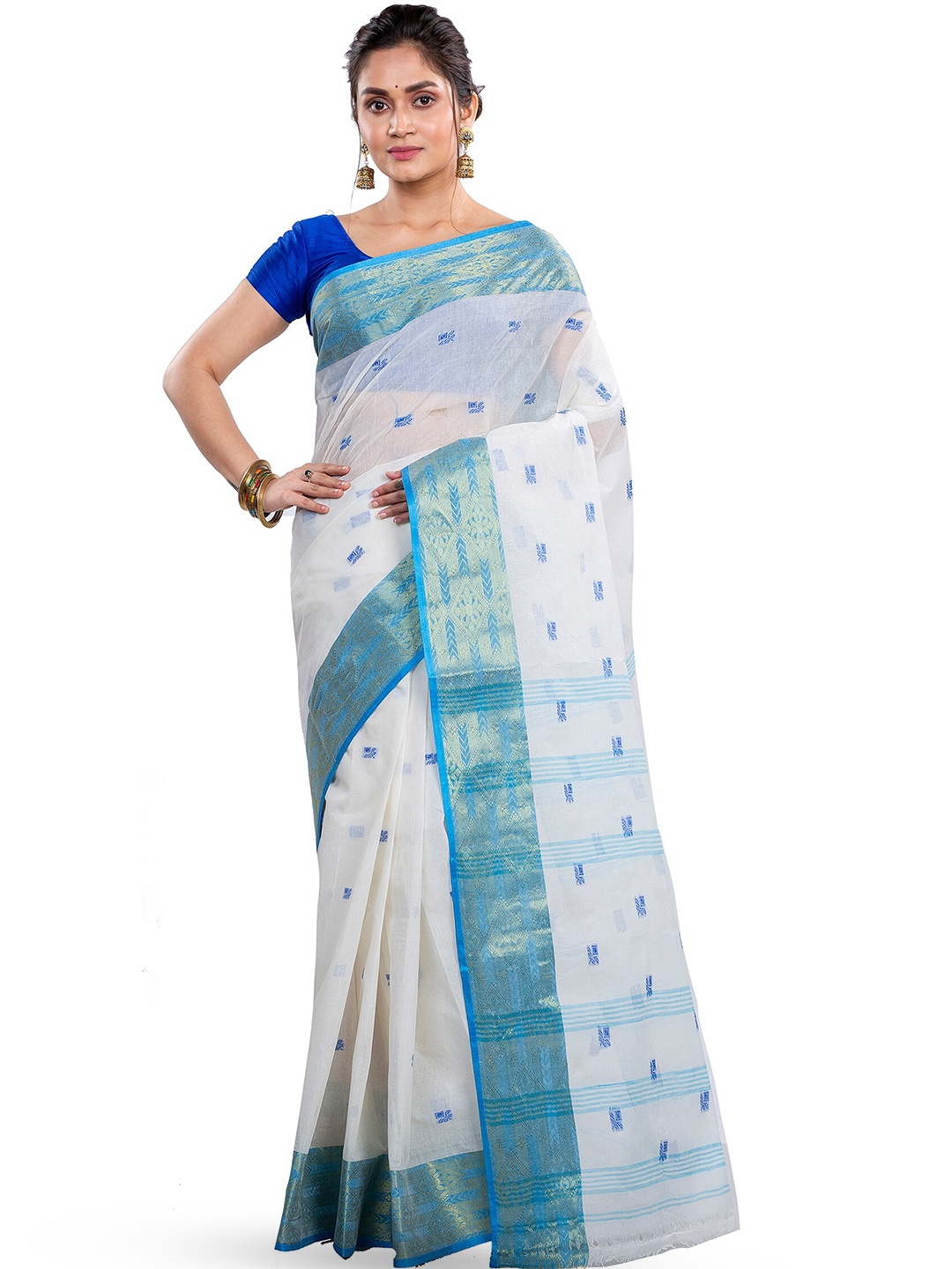 

DipDiya Ethnic Motifs Woven Design Zari Pure Cotton Taant Saree, White