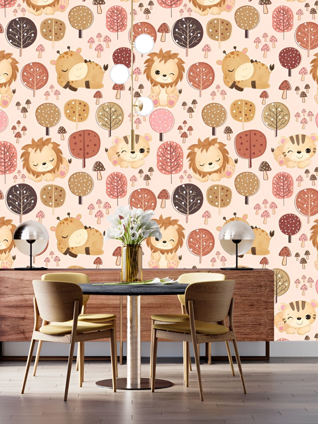 

DWELLSINDIA Beige & Brown Lion in Jungle Printed Waterproof Wallpaper