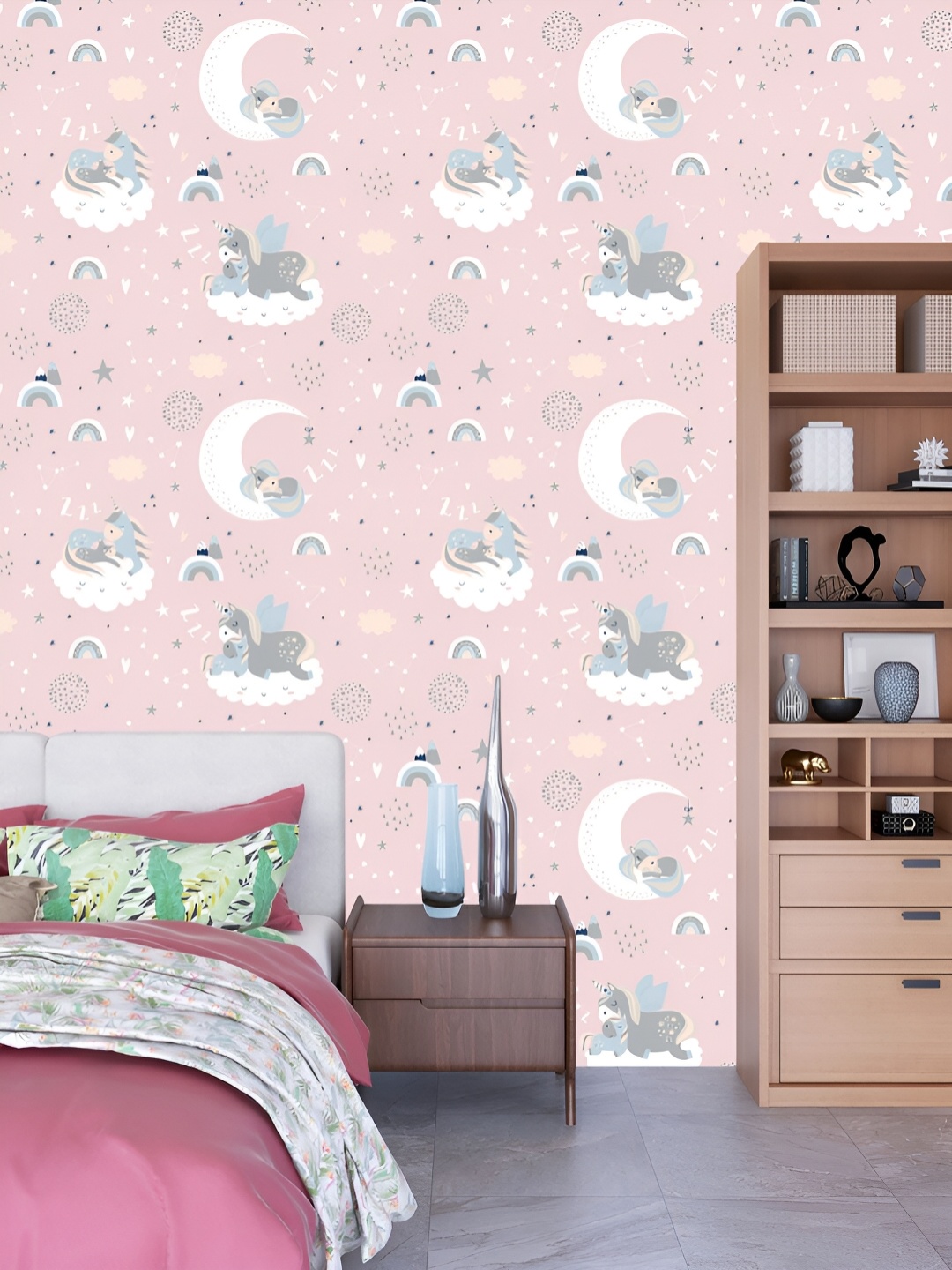

DWELLSINDIA Pink & White Unicorn in Sky Printed Waterproof Wallpaper