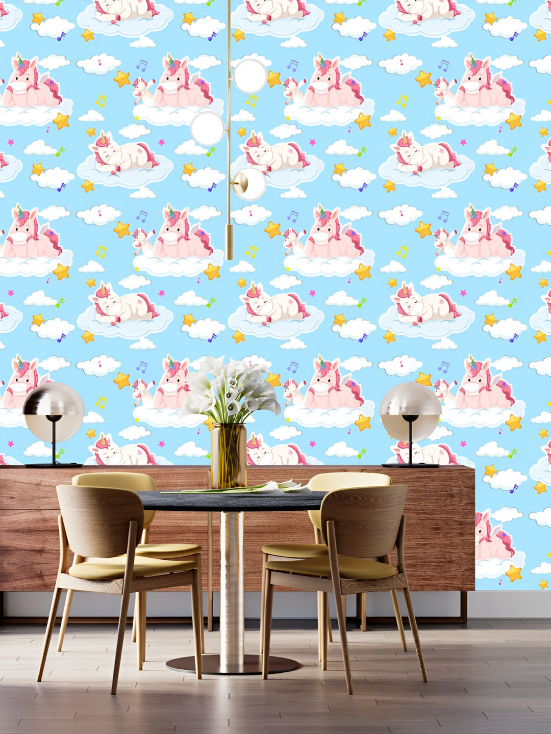 

DWELLSINDIA White & Blue Unicorn Printed Self Adhesive Waterproof Laminated Wallpaper