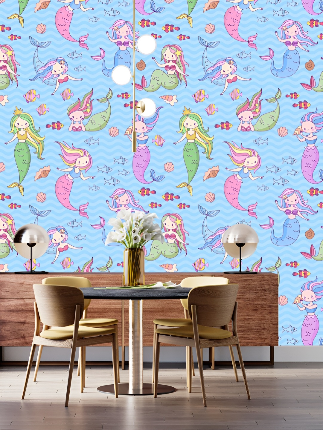 

DWELLSINDIA Blue & Pink Mermaid Printed Self Adhesive Waterproof Laminated Wallpaper