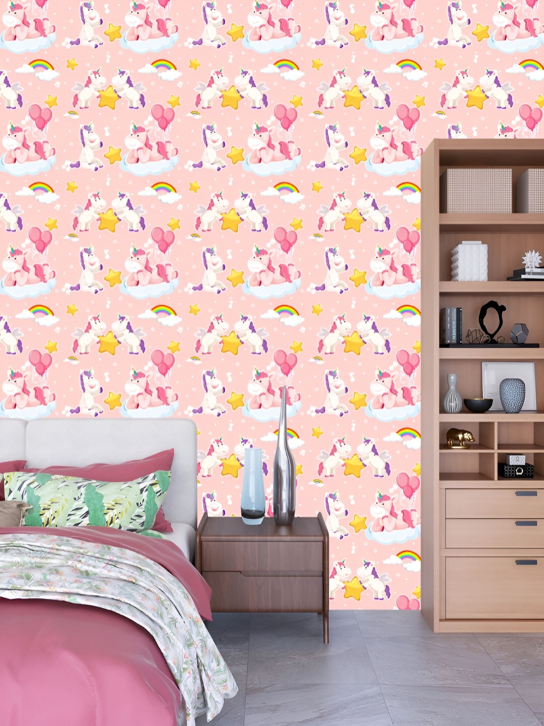 

DWELLSINDIA Pink & White Star Unicorn Printed Waterproof Wallpaper