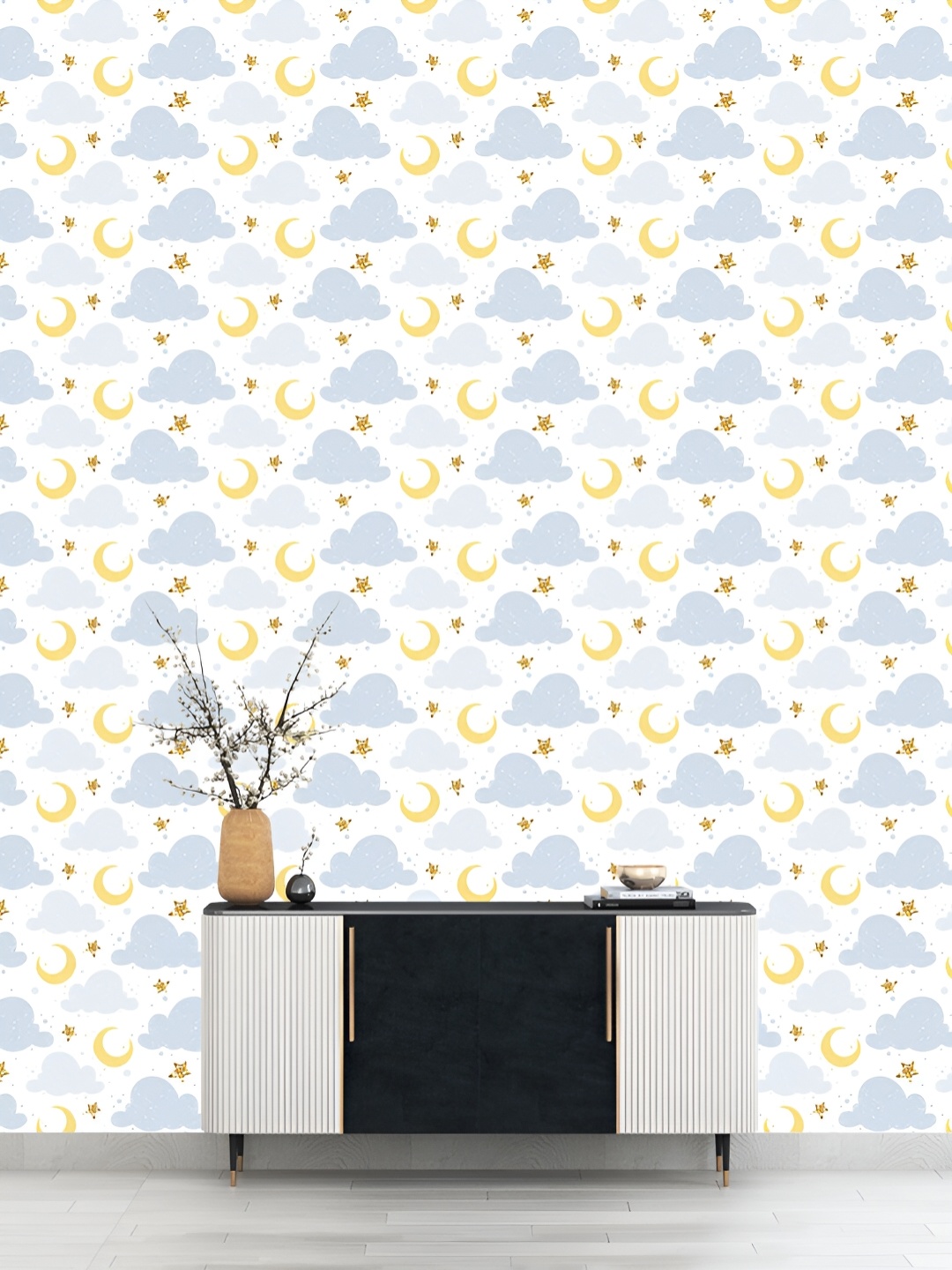 

DWELLSINDIA White & Blue Half Moon Stars Printed Waterproof Wallpaper