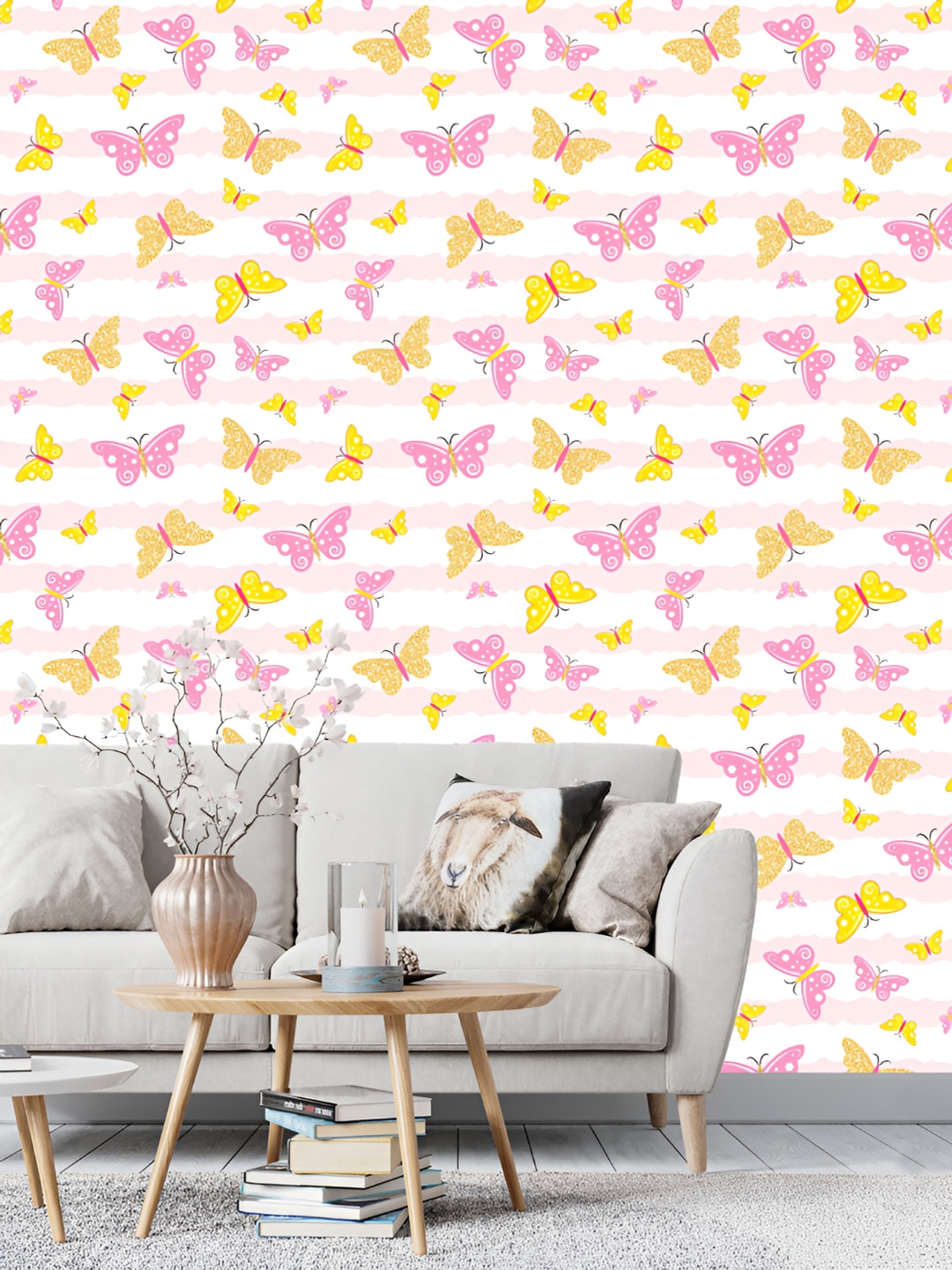 

DWELLSINDIA Cream & Pink Butterfly Printed Waterproof Wallpaper