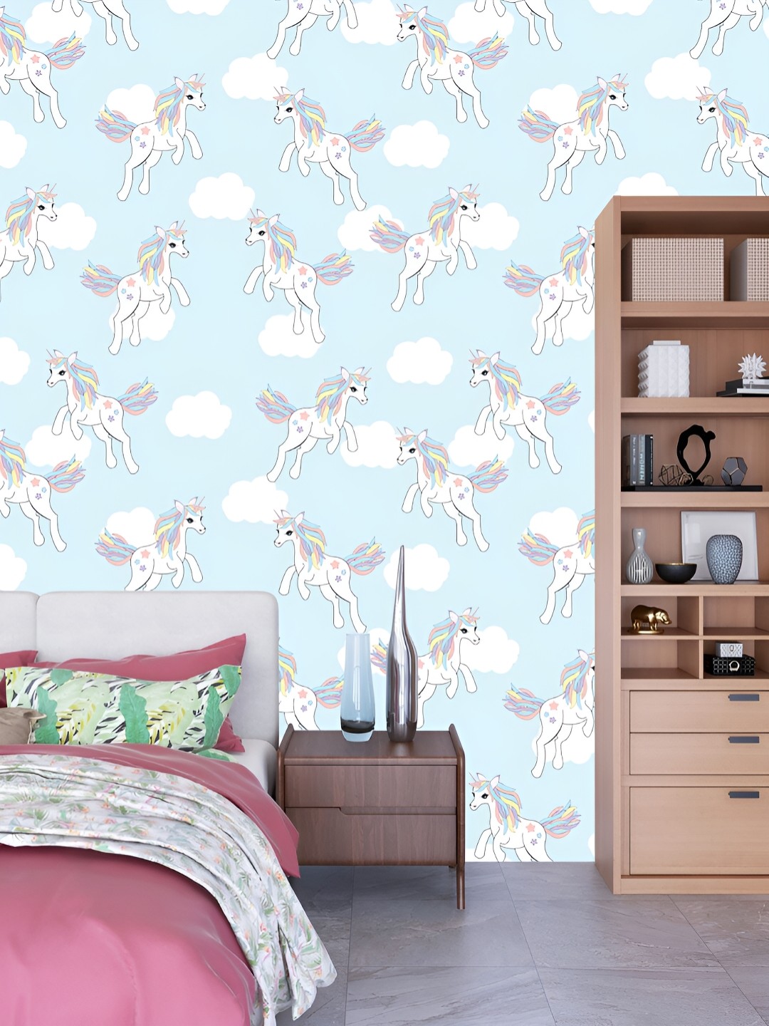 

DWELLSINDIA Blue & White Flying Unicorn Self Adhesive Waterproof Removable Wallpaper