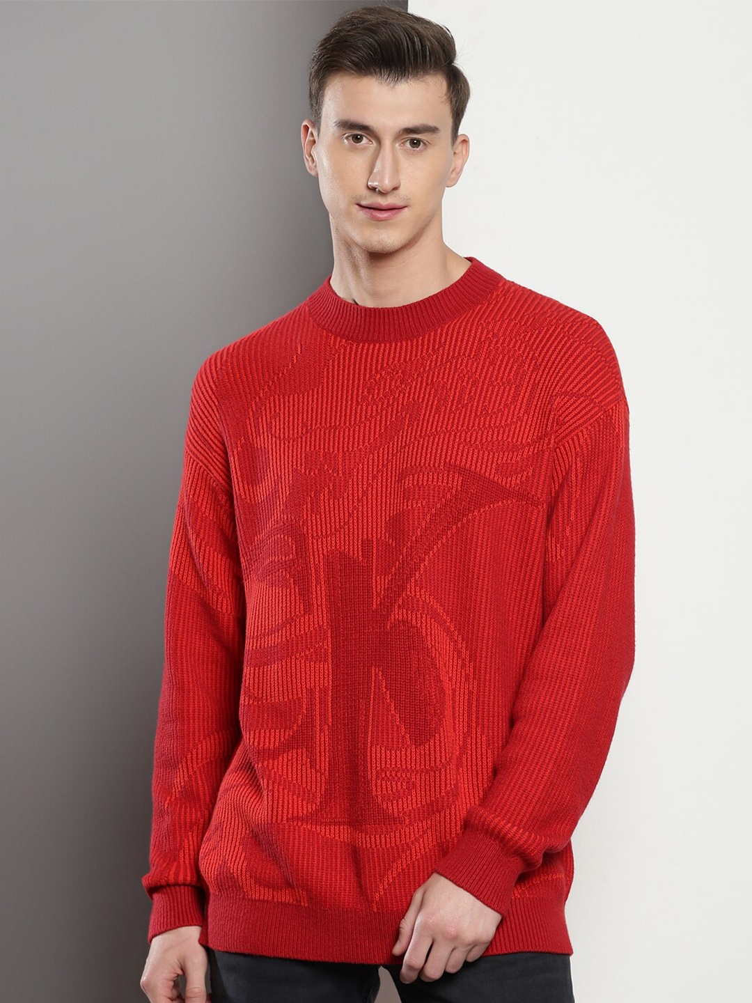 

Calvin Klein Jeans Cable Knit Self Design V-Neck Pullover Cotton Sweater, Red