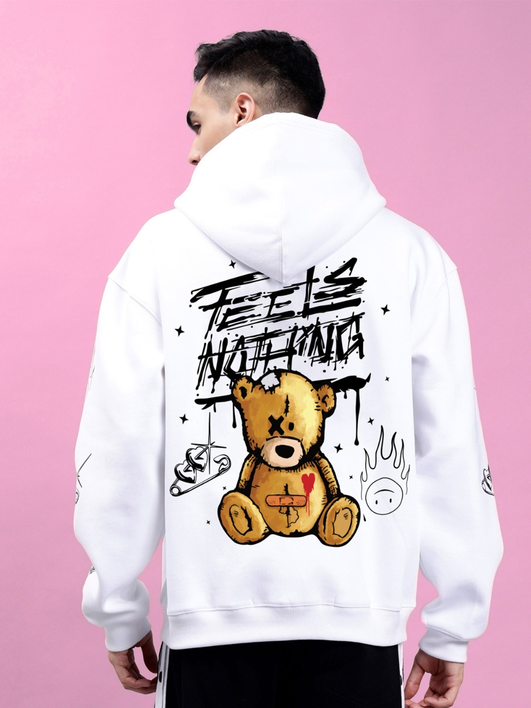 WEARDUDS Typography Printed Hooded Oversized Cotton & Fleece Sweatshirt, White