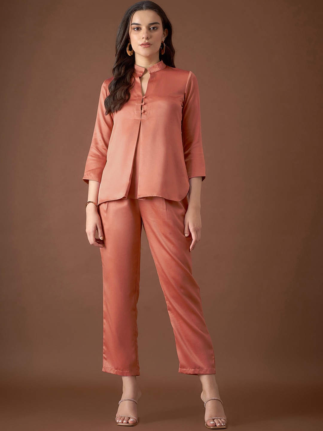 

MABISH by Sonal Jain Box Pleated Mandarin Collar Top With Trouser, Rust