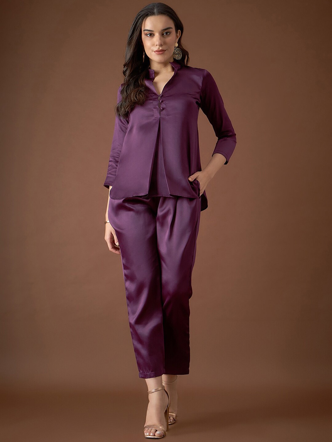 

MABISH by Sonal Jain Box Pleated Mandarin Collar Top With Trouser, Purple