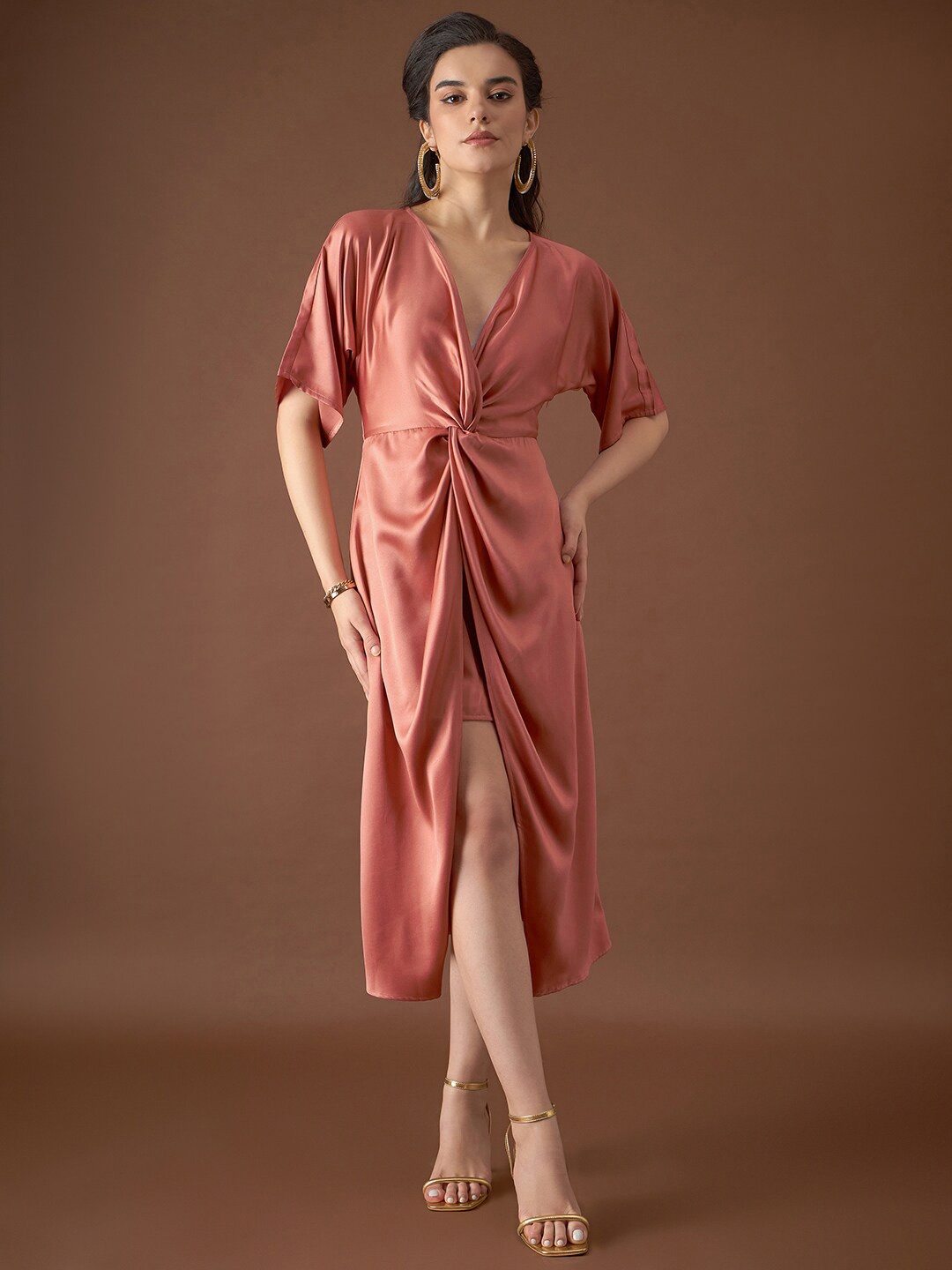 

MABISH by Sonal Jain V-Neck A-Line Midi Satin Dress, Peach