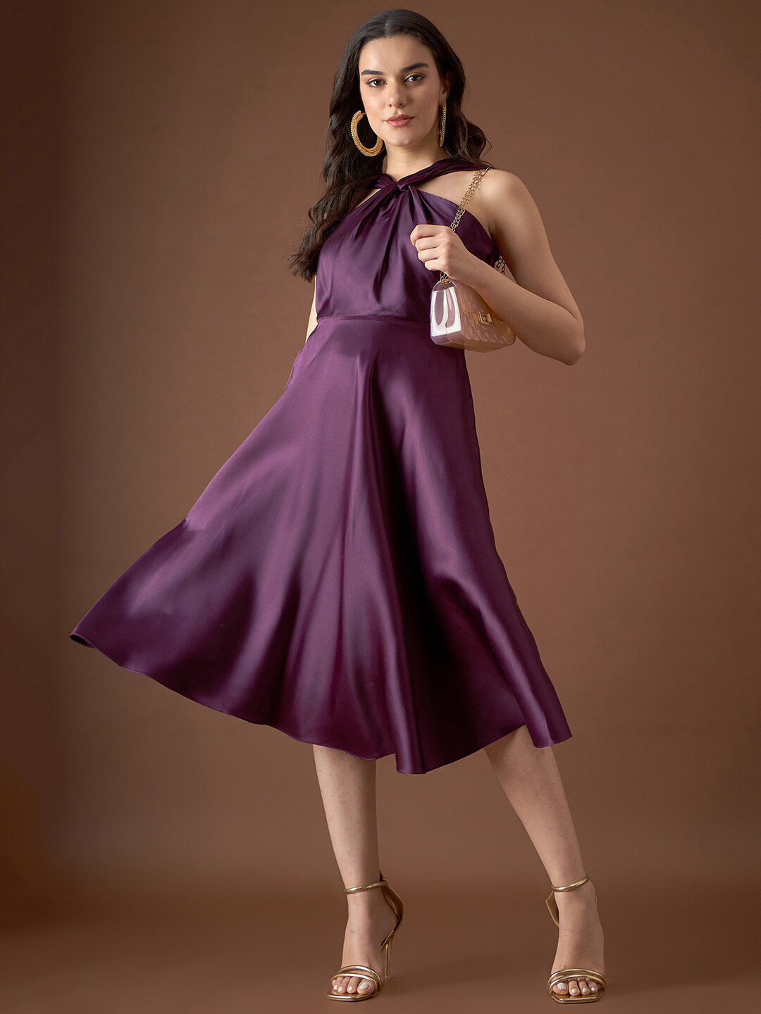 

MABISH by Sonal Jain Halter Neck Midi Satin Fit and Flare Dress, Purple