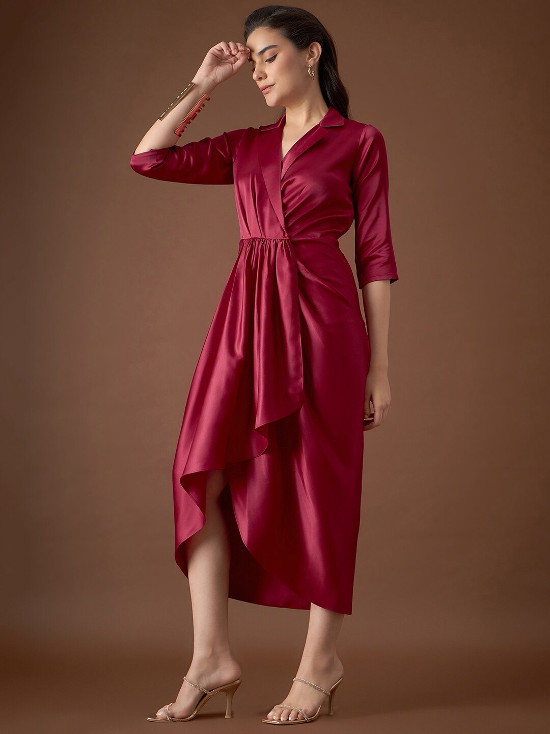 

MABISH by Sonal Jain Spread Collar High-Low Satin A-Line Dress, Maroon