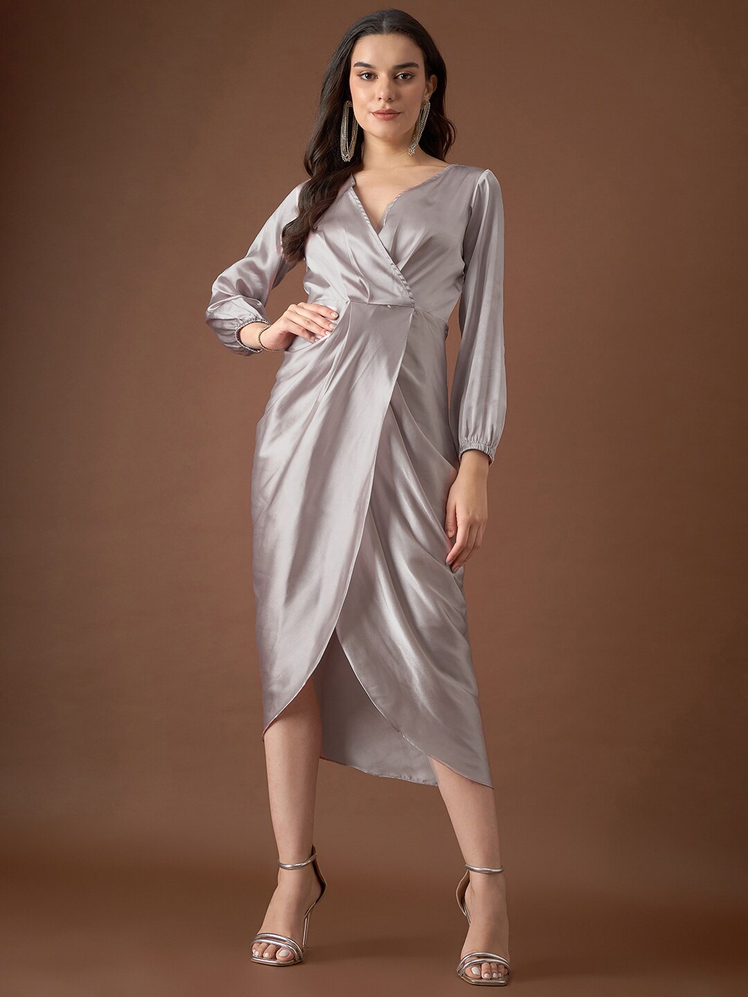 

MABISH by Sonal Jain V-Neck Satin Wrap Dress, Grey