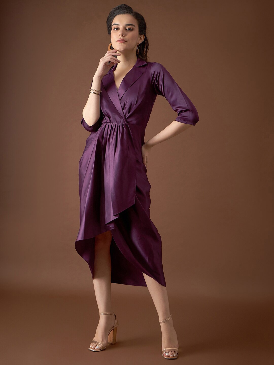 

MABISH by Sonal Jain Notch Lapel Collar Satin Wrap Midi Dress, Purple