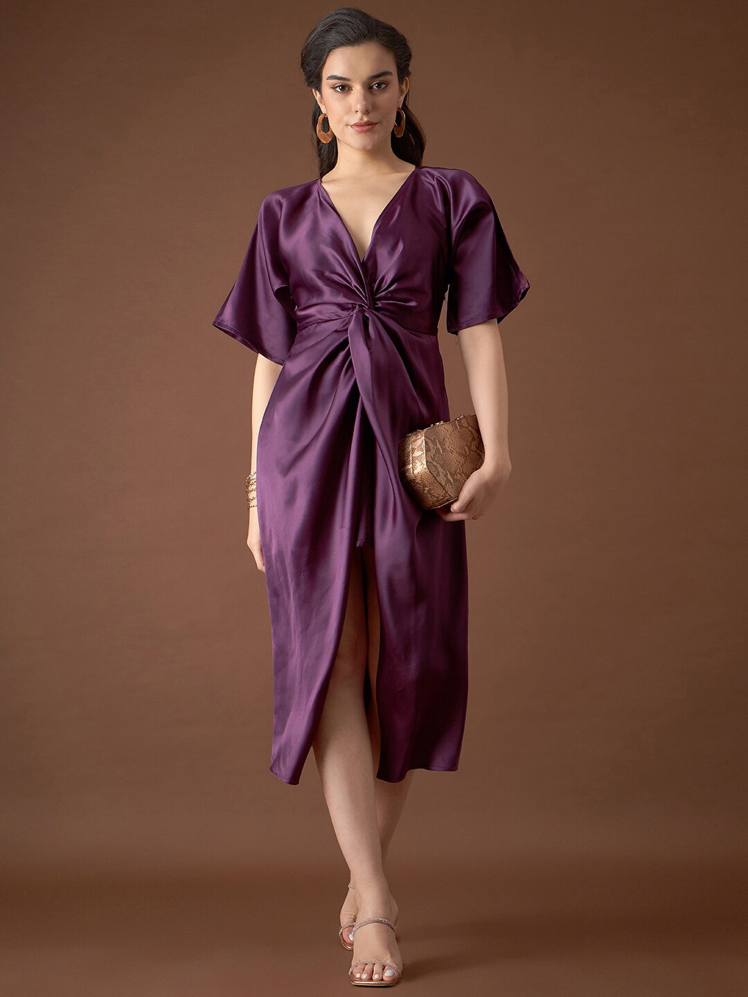 

MABISH by Sonal Jain Twisted Details A-Line Satin Dress, Purple