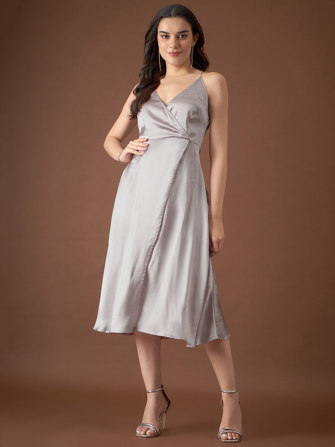 

MABISH by Sonal Jain Shoulder Straps A-Line Satin Dress, Grey
