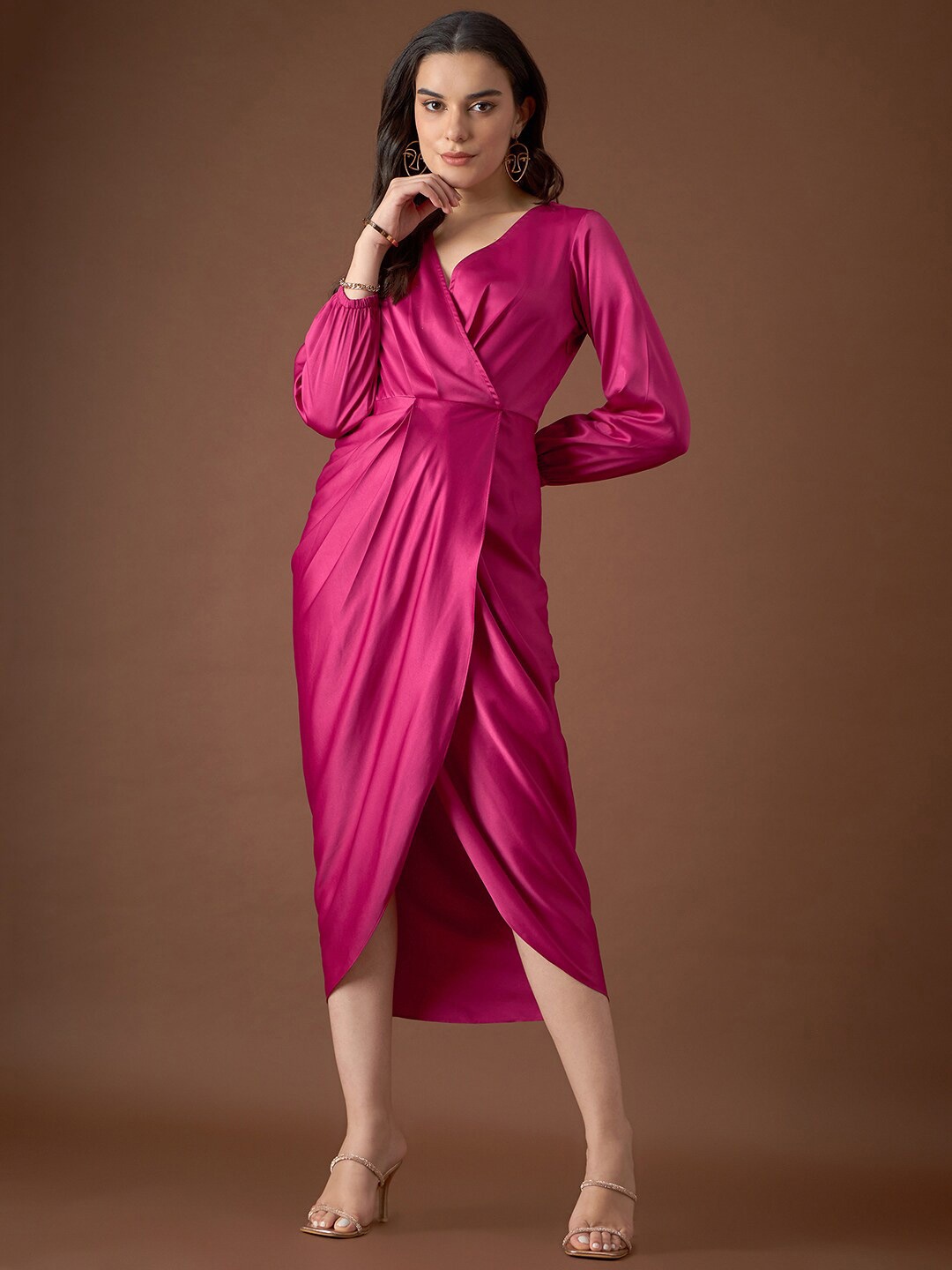 

MABISH by Sonal Jain V-Neck Tulip Wrap Satin Dress, Pink