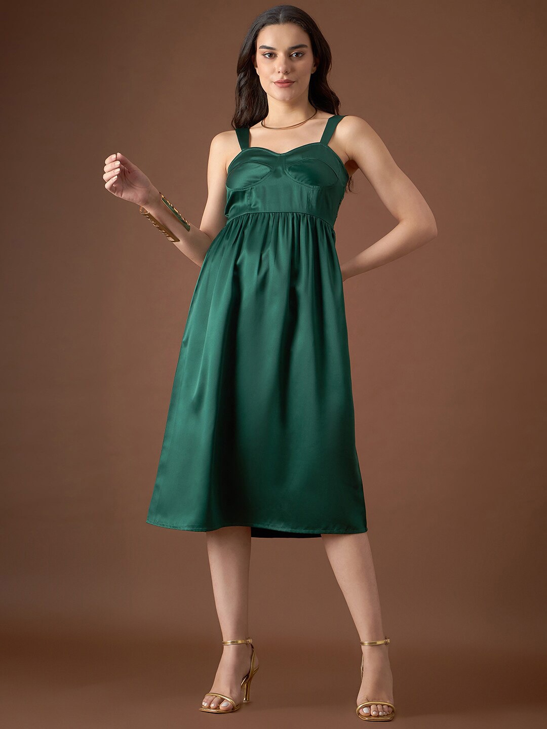 

MABISH by Sonal Jain Shoulder Straps Gathered Detail Satin A-Line Dress, Green