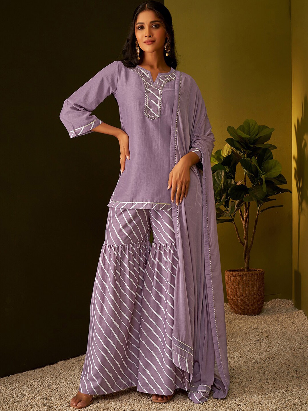 

DRESOUL Striped Regular Gotta Patti Kurta With Sharara & upatta, Purple