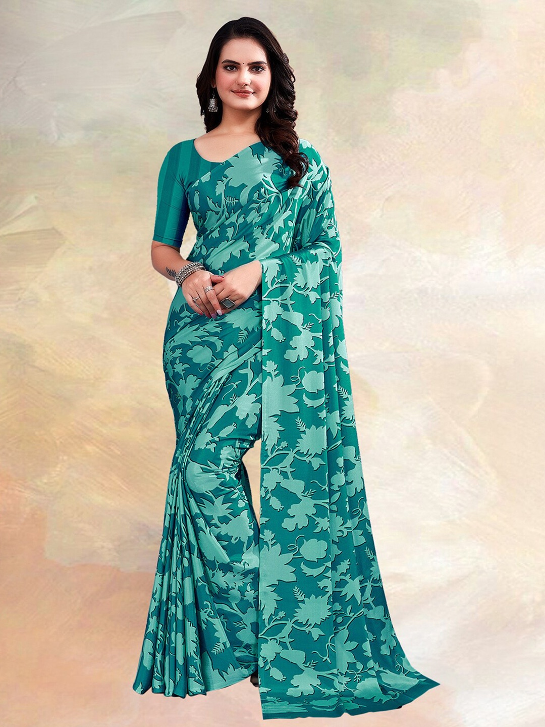 

Kasak Floral Printed Saree, Turquoise blue