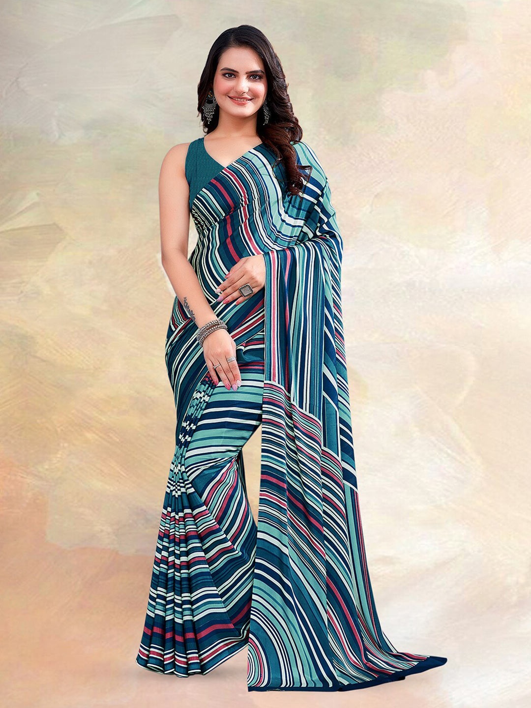 

Kasak Striped Poly Crepe Saree, Blue