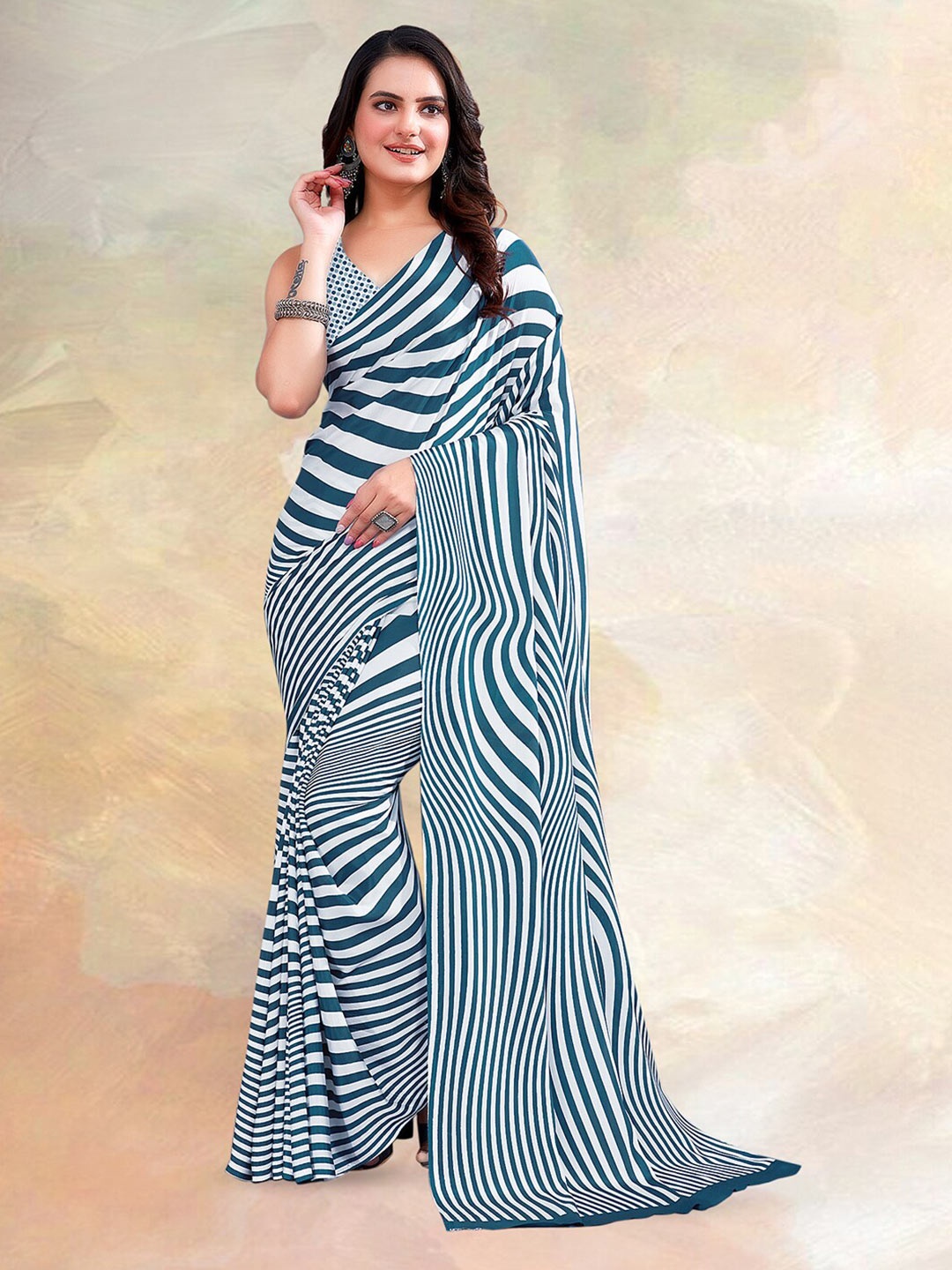 

Kasak Striped Poly Crepe Saree, Blue