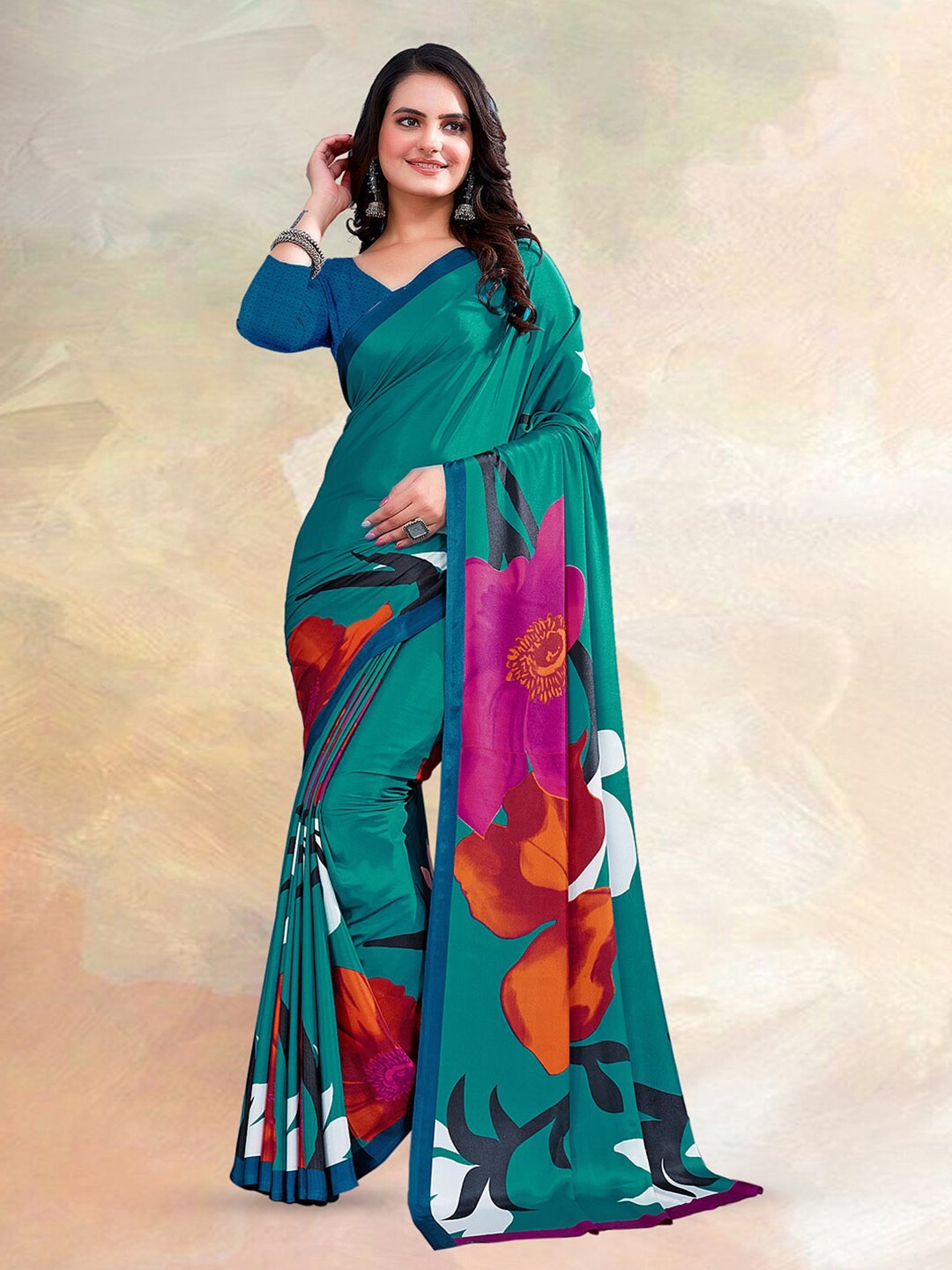 

Kasak Floral Printed Silk Crepe Saree, Turquoise blue