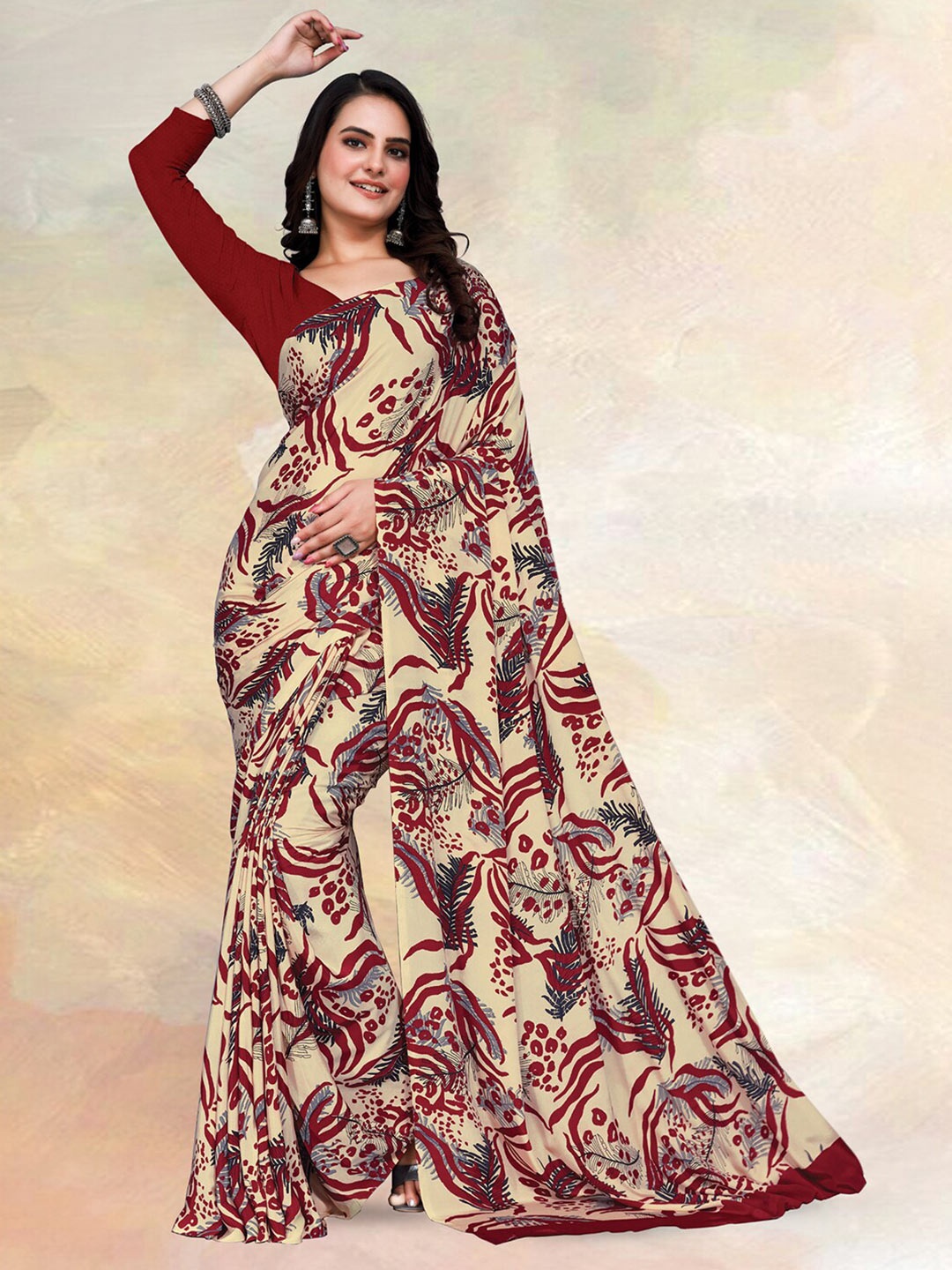 

Kasak Ethnic Motif Printed Silk Crepe Saree, Cream