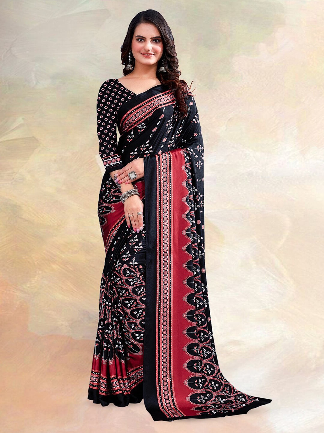 

Kasak Ethnic Motif Printed Silk Crepe Saree, Black