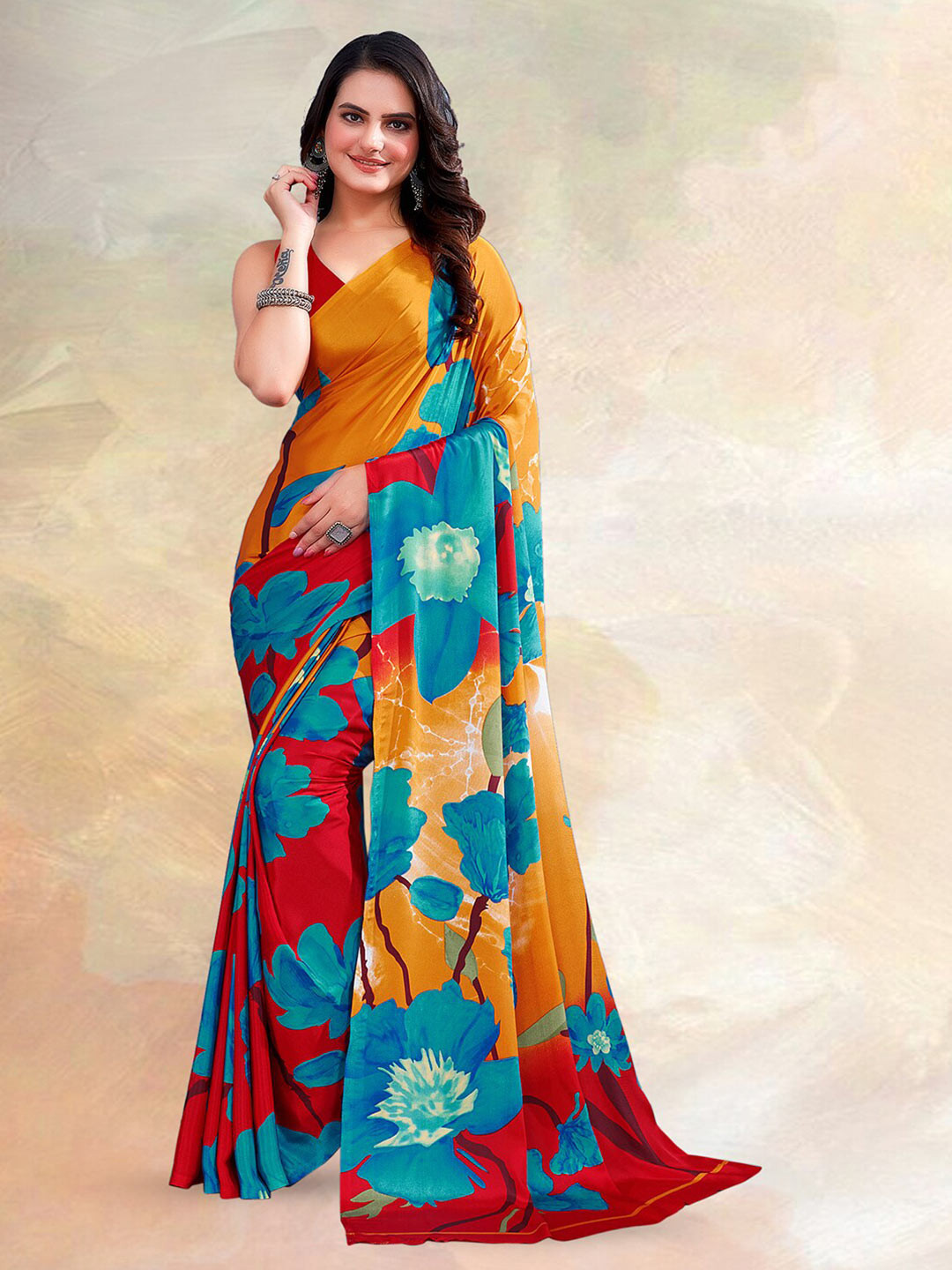 

Kasak Floral Printed Silk Crepe Saree, Blue