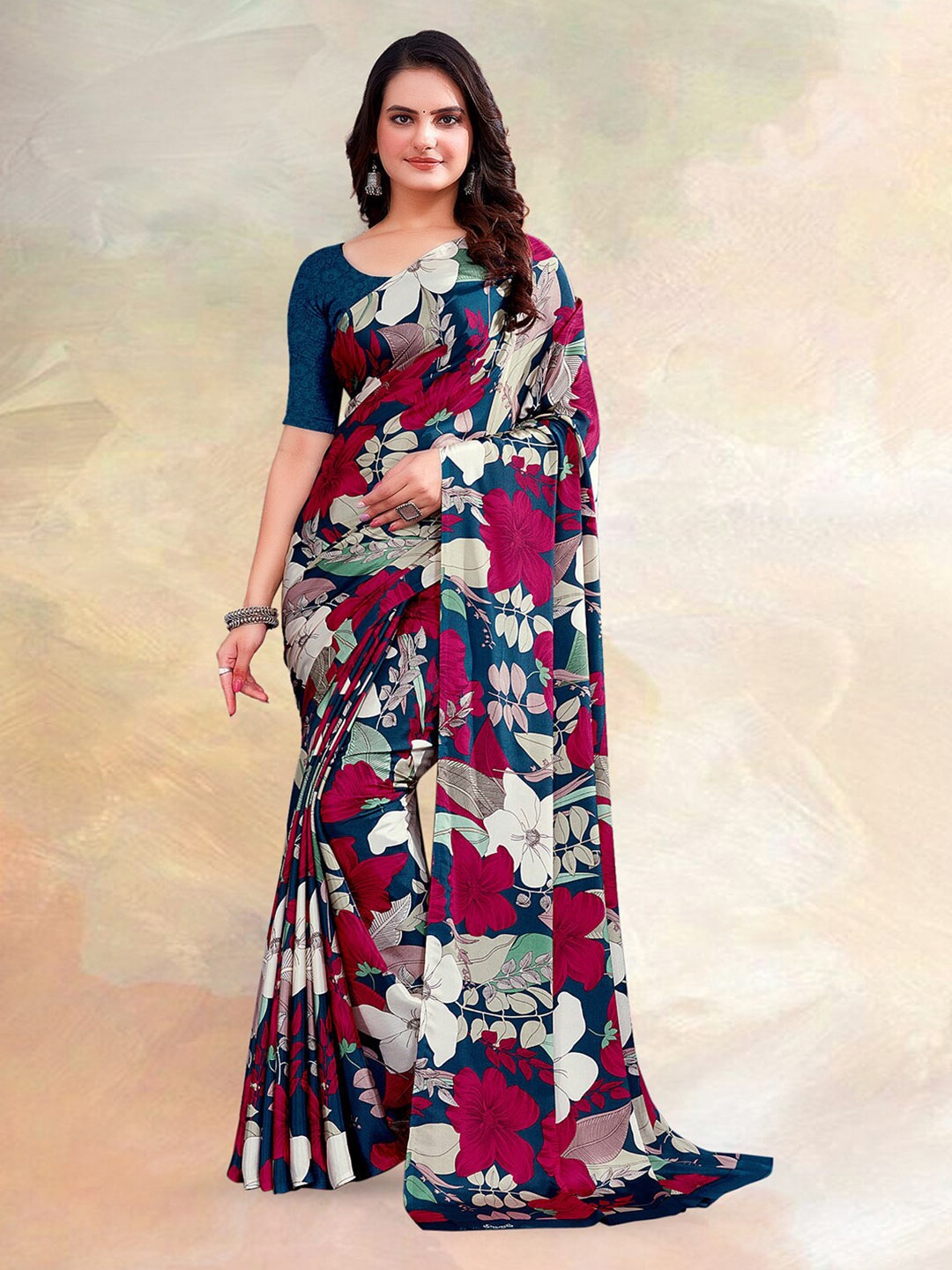 

Kasak Floral Printed Silk Crepe Saree, Red