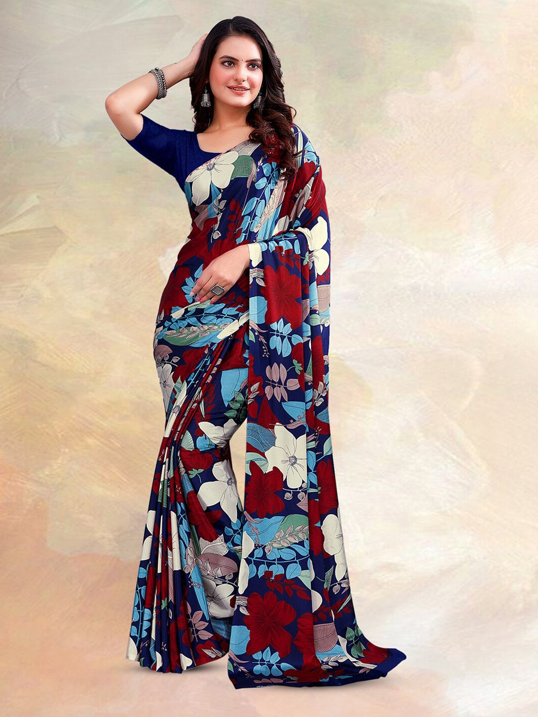 

Kasak Floral Printed Silk Crepe Saree, Maroon