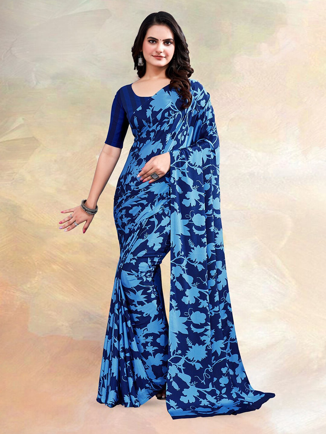 

Kasak Floral Printed Silk Crepe Saree, Blue
