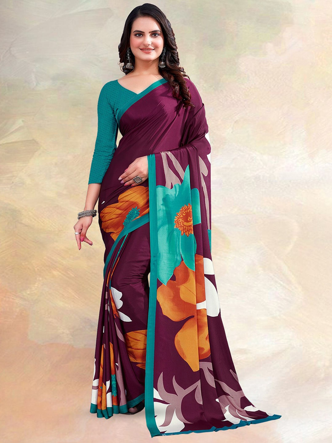 

Kasak Floral Printed Silk Crepe Saree, Maroon