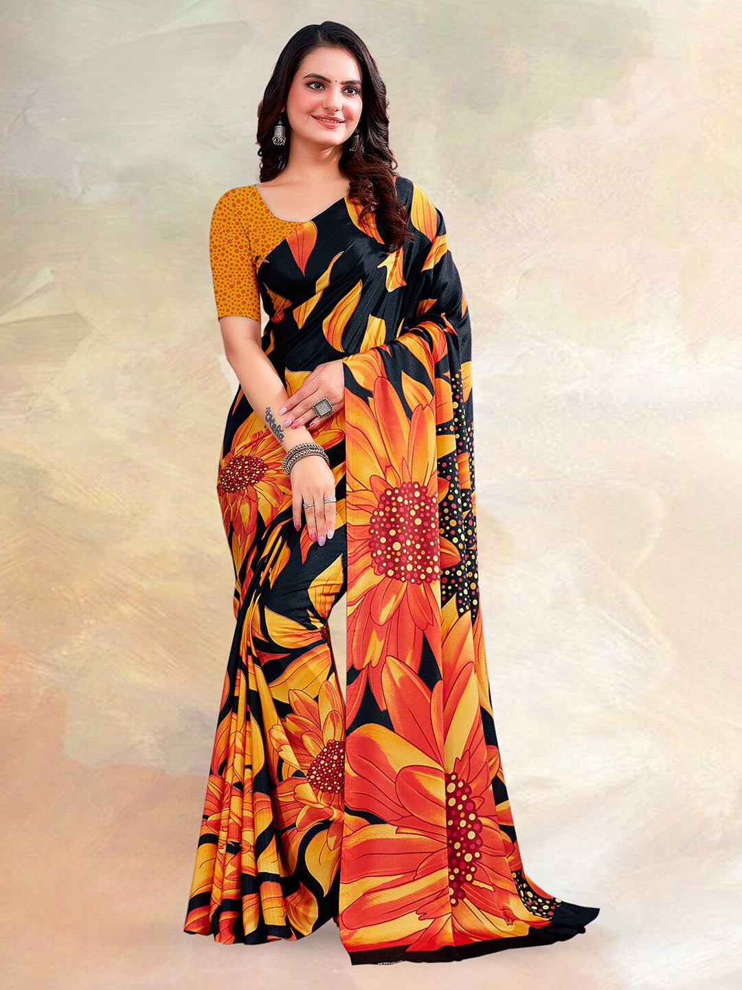 

Kasak Floral Printed Silk Crepe Saree, Yellow