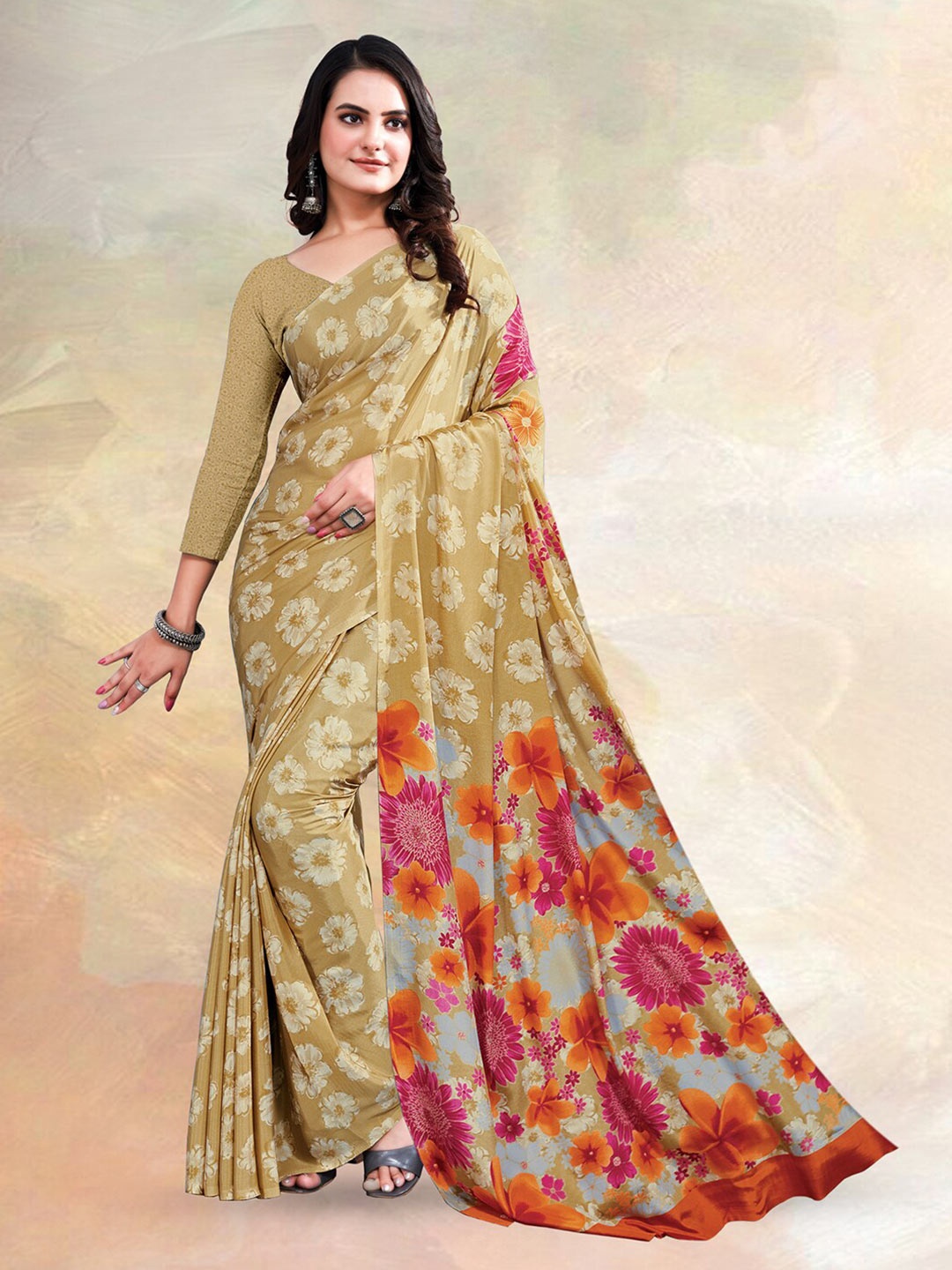 

Kasak Floral Printed Silk Crepe Saree, Brown