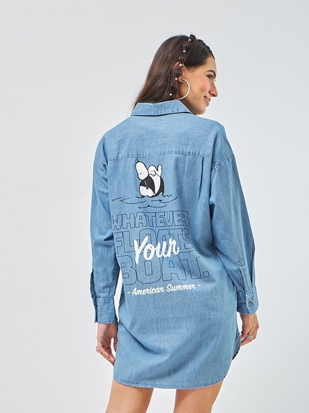 

Bewakoof Peanuts Printed Super Loose Fit Shirt Style Denim Dress, Blue
