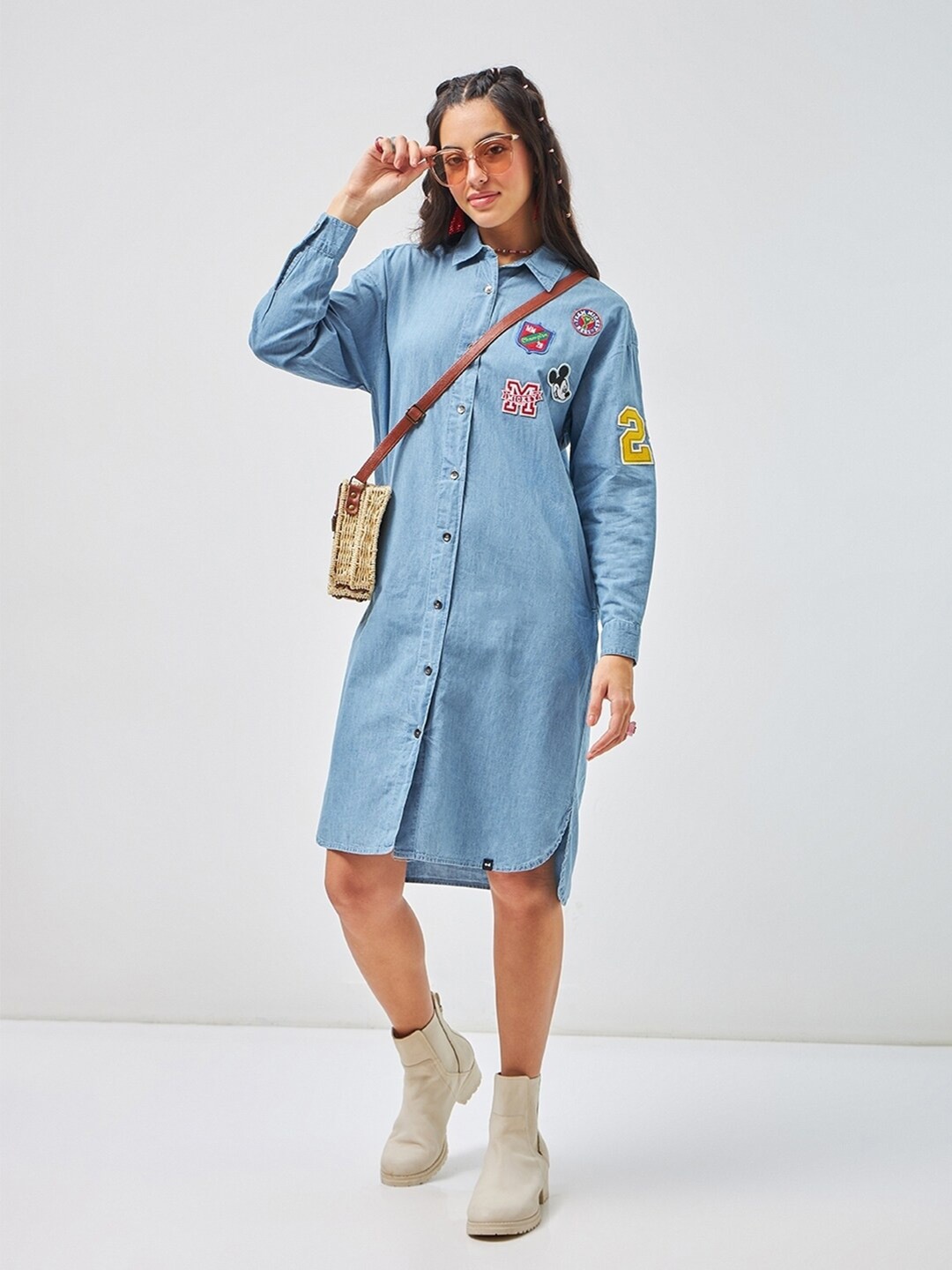 

Bewakoof Disney Applique Oversized Shirt Style Denim Dress, Blue